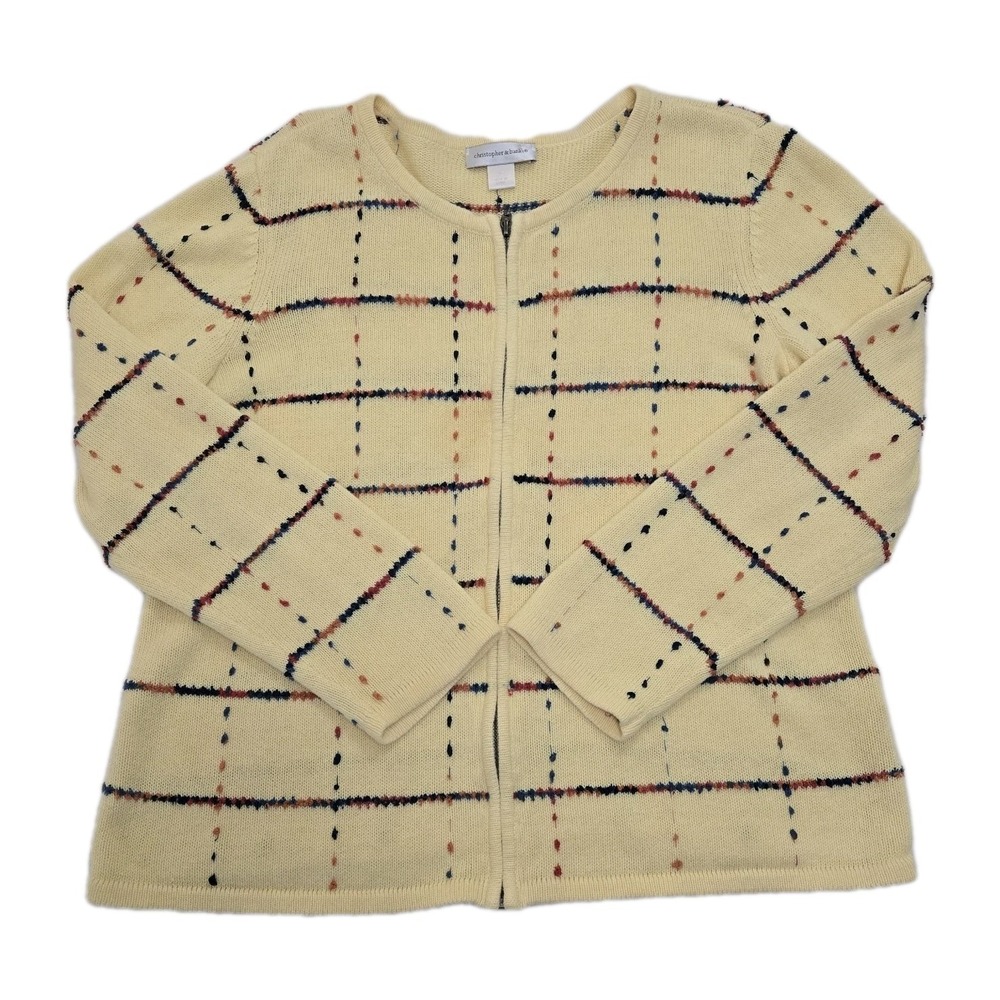 Christopher & Banks Womens L Zip Cardigan Butter‎ Yellow Windowpane Grannycore